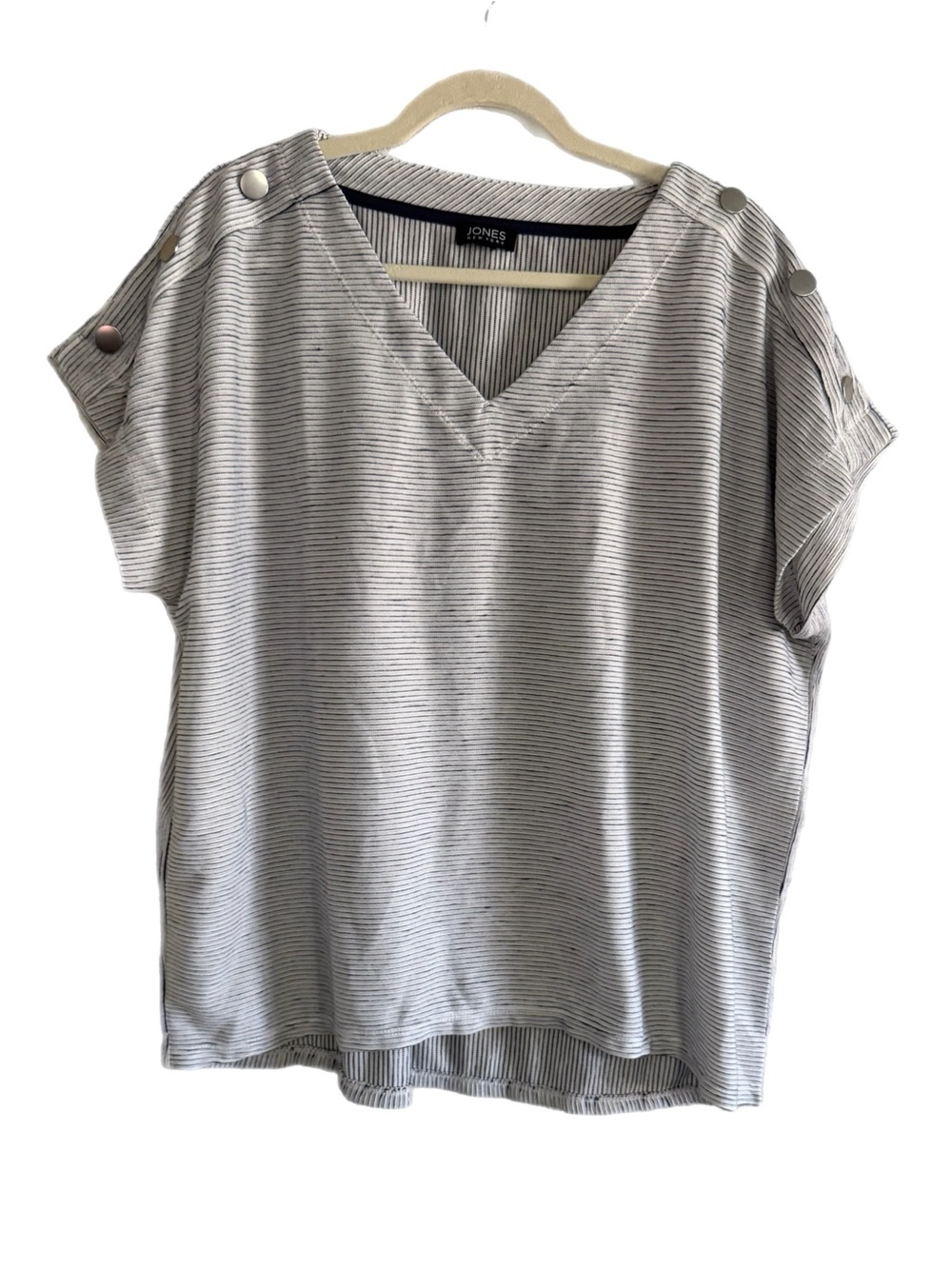 Jones New York Blue & White Striped V-Neck Short Sleeve Top Size 2X Estimated